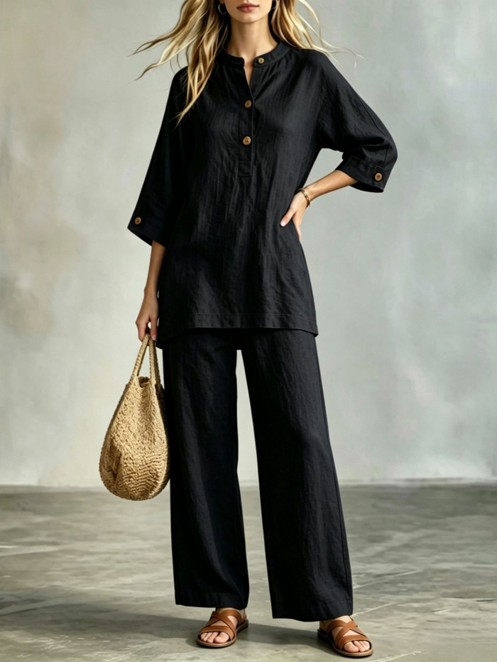🪐Retro Loose Linen Co-ord | Date & Weekend Outing | Y2K Button Shirt Wide Leg Pants