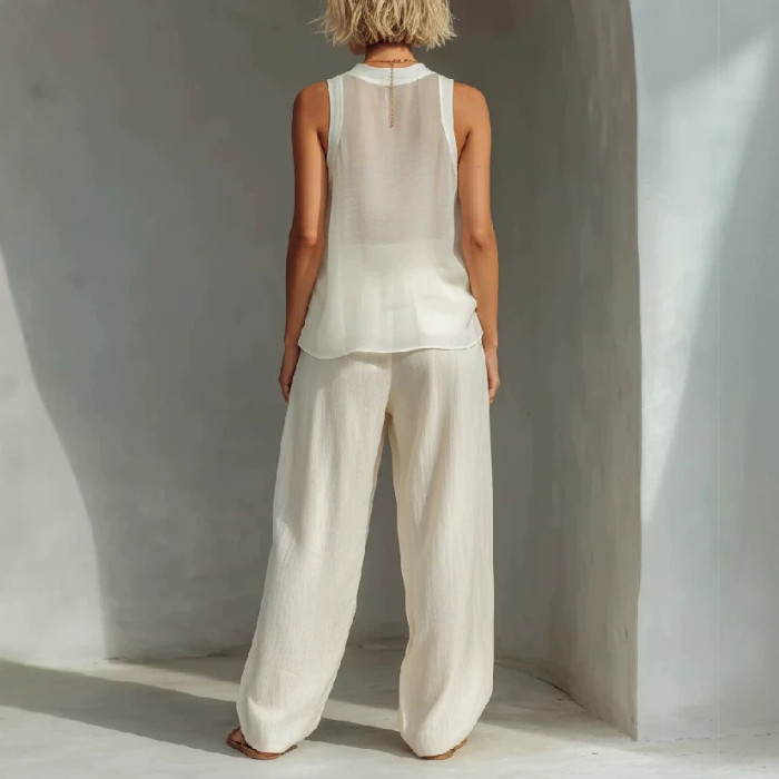 🤍Sheer Chiffon Matching Outfit | Vacation & Streetwear | Half Sleeve Button Down Pant Set