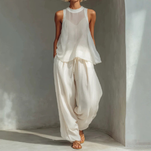 🤍Sheer Chiffon Matching Outfit | Vacation & Streetwear | Half Sleeve Button Down Pant Set