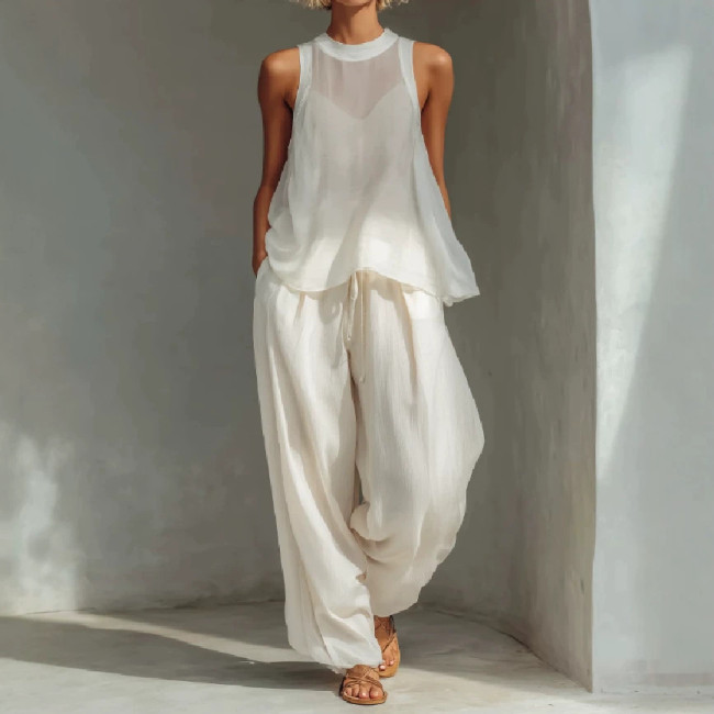 🤍Sheer Chiffon Matching Outfit | Vacation & Streetwear | Half Sleeve Button Down Pant Set