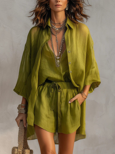 🤍Spring Summer Sheer Matching Set | Brunch & Poolside | Green Vest Drawstring Shorts Outfit