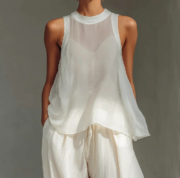 🤍Sheer Chiffon Matching Outfit | Vacation & Streetwear | Half Sleeve Button Down Pant Set