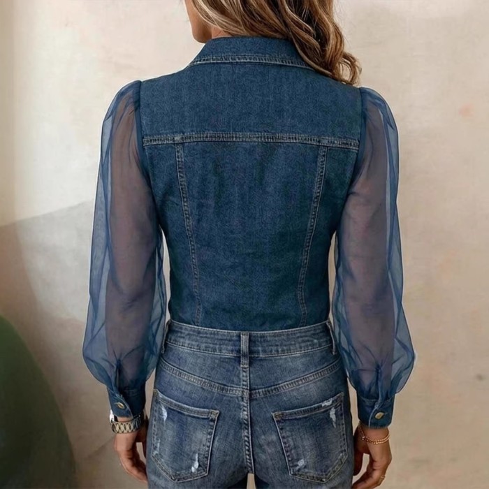 🤎Chic Button Front Denim Top | Date & Daily Outing | Mesh Patchwork V Neck Blouse