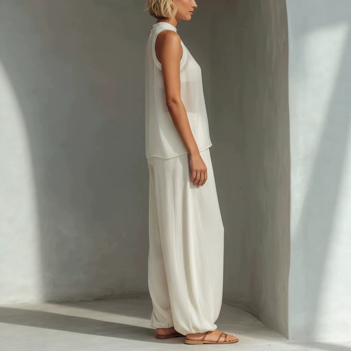 🤍Sheer Chiffon Matching Outfit | Vacation & Streetwear | Half Sleeve Button Down Pant Set