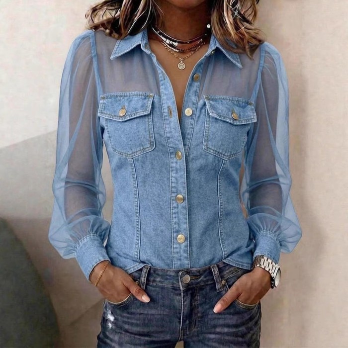 🤎Chic Button Front Denim Top | Date & Daily Outing | Mesh Patchwork V Neck Blouse