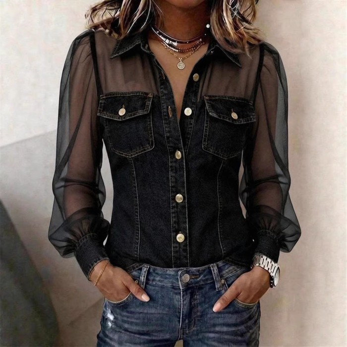 🤎Chic Button Front Denim Top | Date & Daily Outing | Mesh Patchwork V Neck Blouse