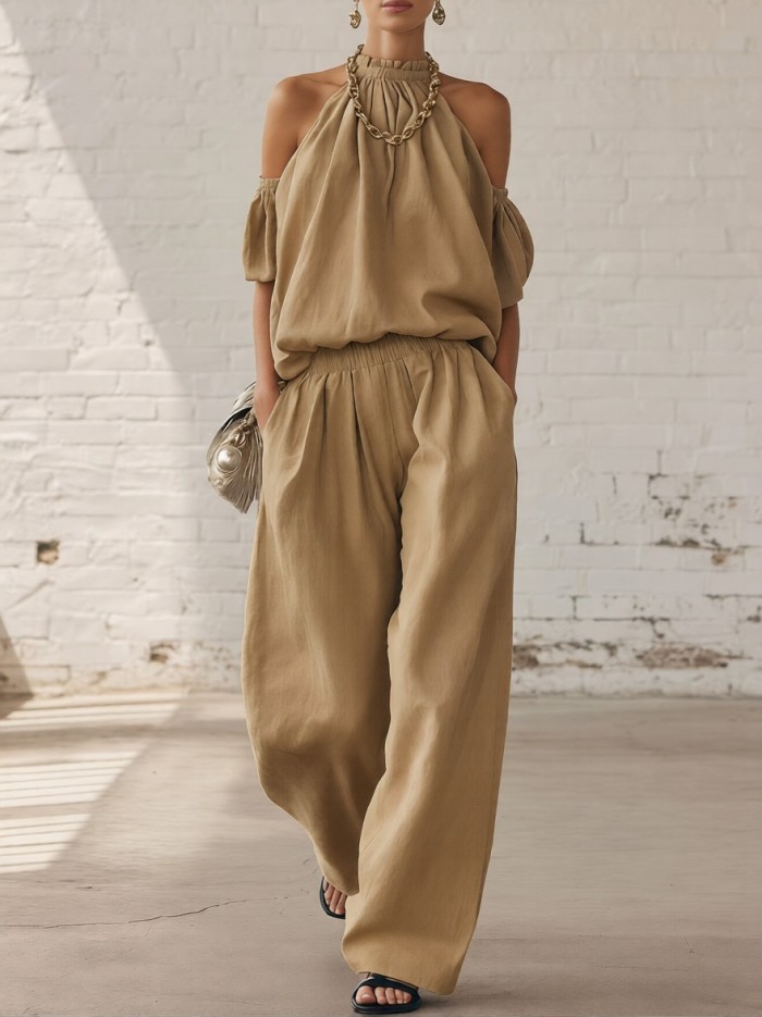 🤍Elegant Loose Two Piece Outfit | Vacation & Streetwear | Halter Off Shoulder Top Trousers