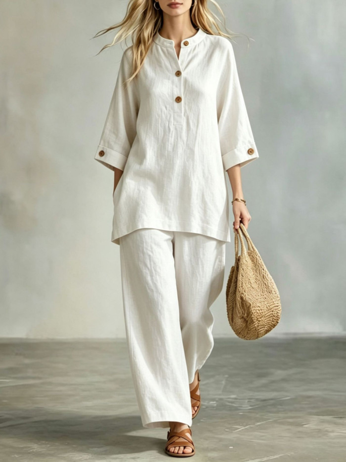 🪐Retro Loose Linen Co-ord | Date & Weekend Outing | Y2K Button Shirt Wide Leg Pants