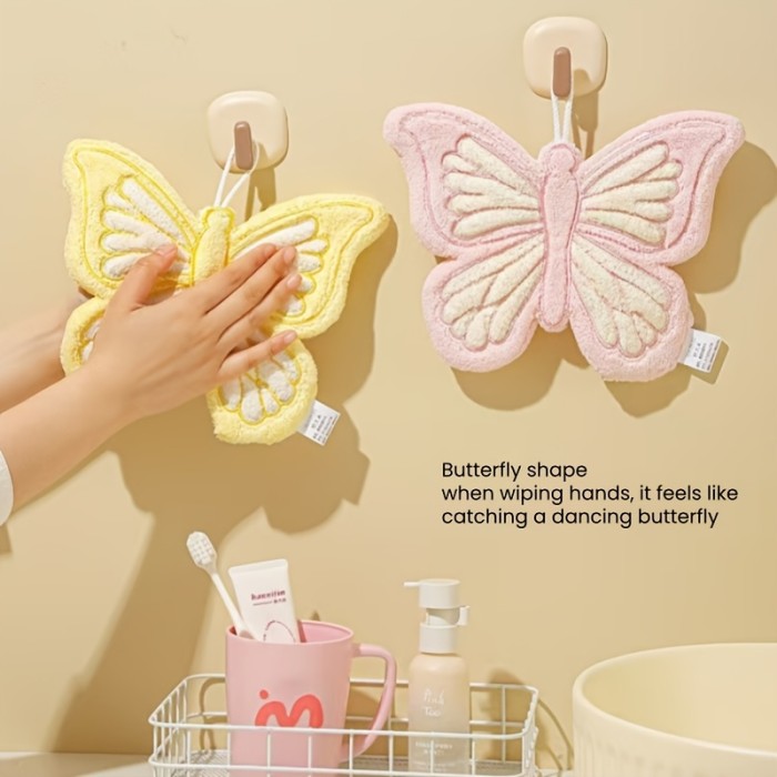Butterfly Print Thick Coral Hand Towel Quick Dry With Hanging Loop For Daily Use