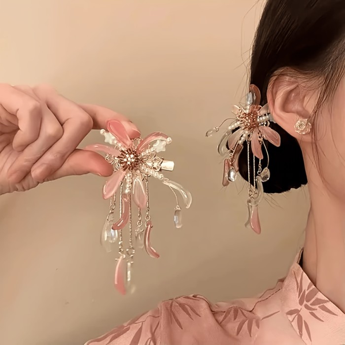 Pink Firework Tassel Flower Hair Clip for Vacation Photoshoots and Tea Parties