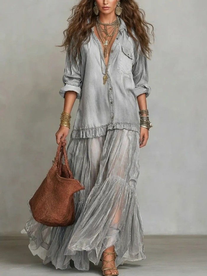 Mesh Splice Belted Denim Maxi Dress for Daily Wear and Brunch