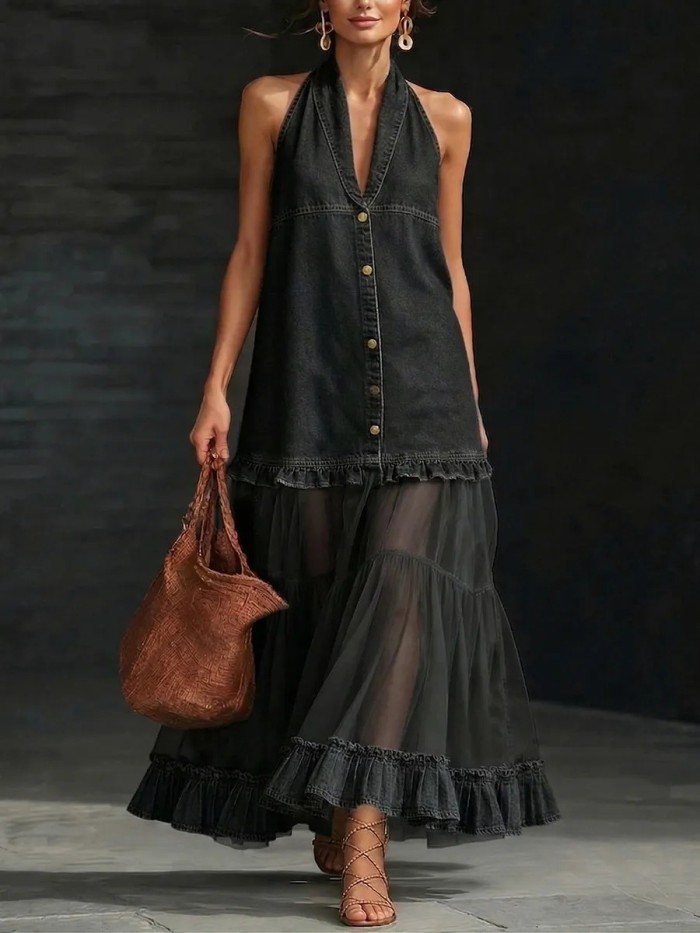 Halter Deep V Mesh Splice Denim Maxi Dress for Beach and Daily Streetwear
