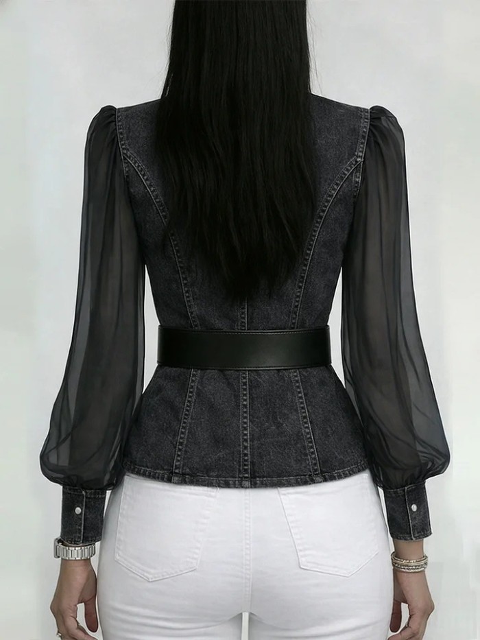 Vintage V Neck Faux Denim Blouse for Office Daily and Streetwear Look