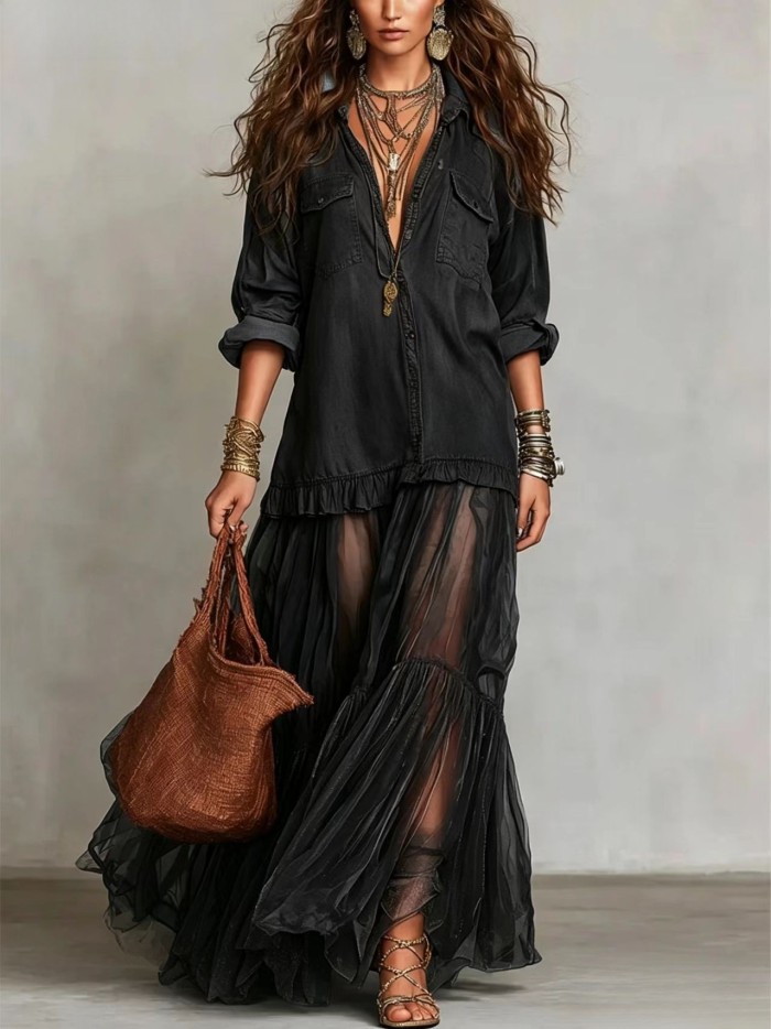 Mesh Splice Belted Denim Maxi Dress for Daily Wear and Brunch