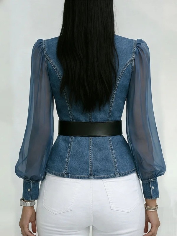 Vintage V Neck Faux Denim Blouse for Office Daily and Streetwear Look