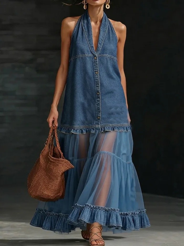 Halter Deep V Mesh Splice Denim Maxi Dress for Beach and Daily Streetwear