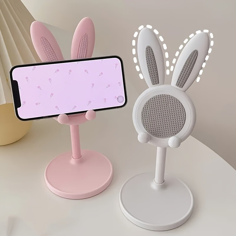 Cute Pink Floral Easter Bunny Phone Stand With Bow for Home Office Desktop Decor
