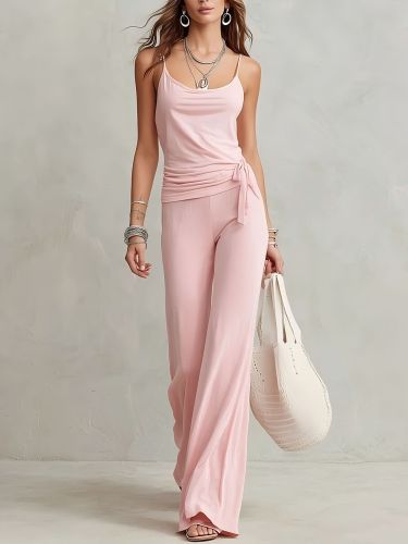 Casual Sling Top High Waist Wide Leg Pants Outfit Summer Vacation Wear