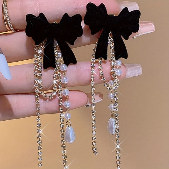 Elegant Bow Tassel Zircon Drop Earrings For Daily All Season Wear