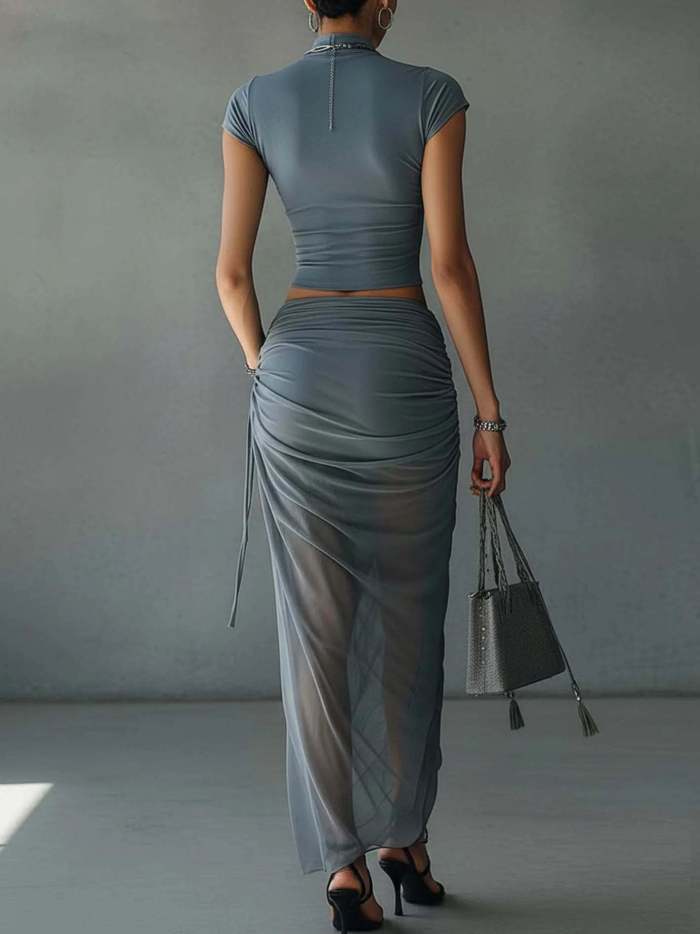 Gray High Neck Crop Top Sheer Maxi Skirt Set for Party and Evening Dating