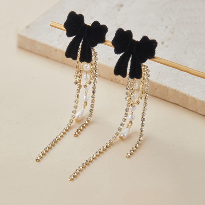 Elegant Bow Tassel Zircon Drop Earrings For Daily All Season Wear
