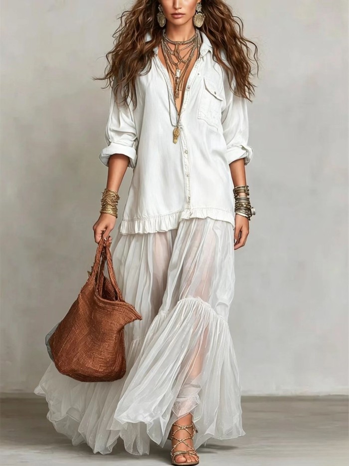Mesh Splice Belted Denim Maxi Dress for Daily Wear and Brunch
