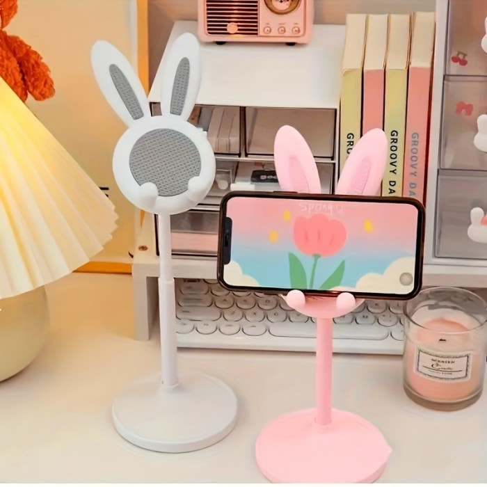 Cute Pink Floral Easter Bunny Phone Stand With Bow for Home Office Desktop Decor