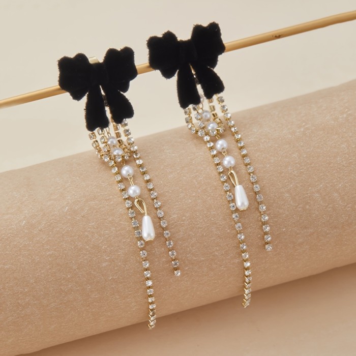 Elegant Bow Tassel Zircon Drop Earrings For Daily All Season Wear