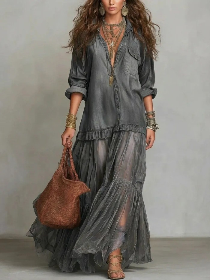 Mesh Splice Belted Denim Maxi Dress for Daily Wear and Brunch