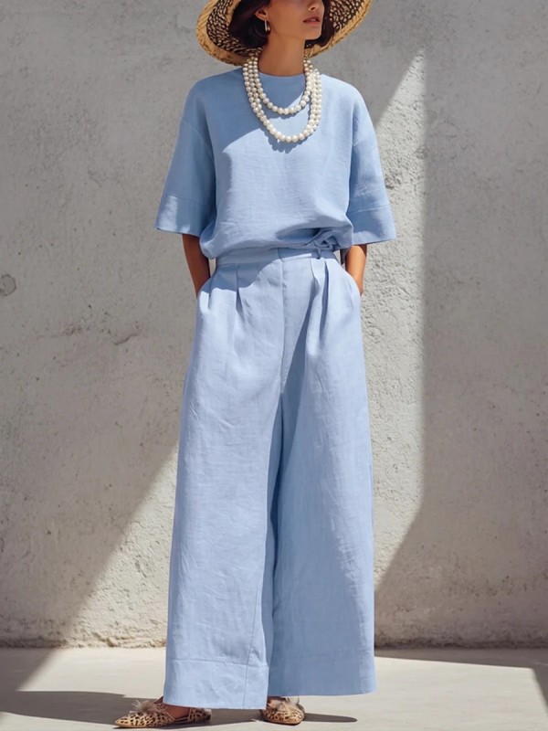 Solid Linen Two Piece Set for Daily Commute and Summer Brunch