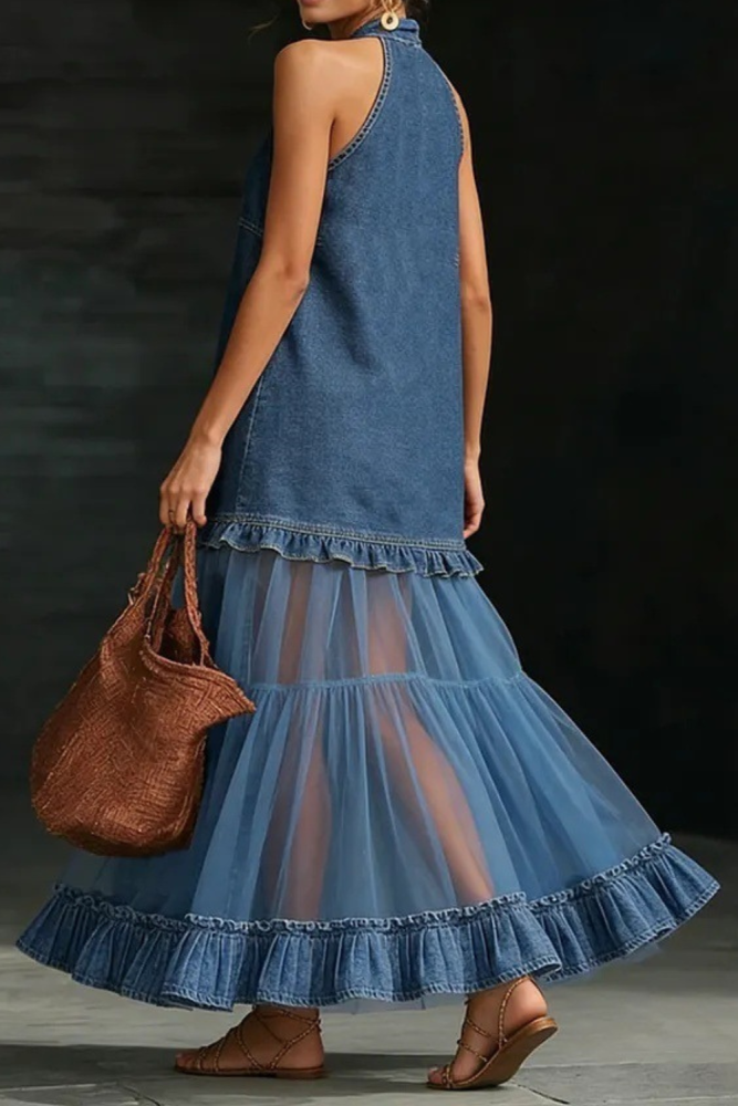 Halter Deep V Mesh Splice Denim Maxi Dress for Beach and Daily Streetwear