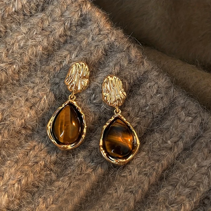 3 Pairs Vintage Brown Resin Inlaid Earrings Set for Daily Wear and Evening Parties