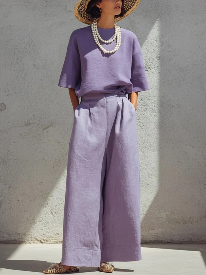 Solid Linen Two Piece Set for Daily Commute and Summer Brunch