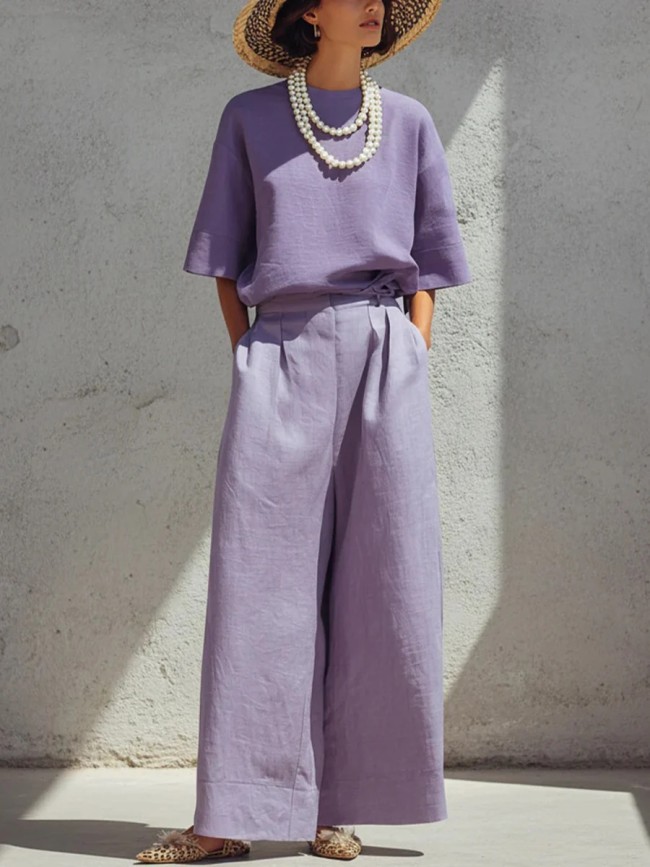 Solid Linen Two Piece Set for Daily Commute and Summer Brunch