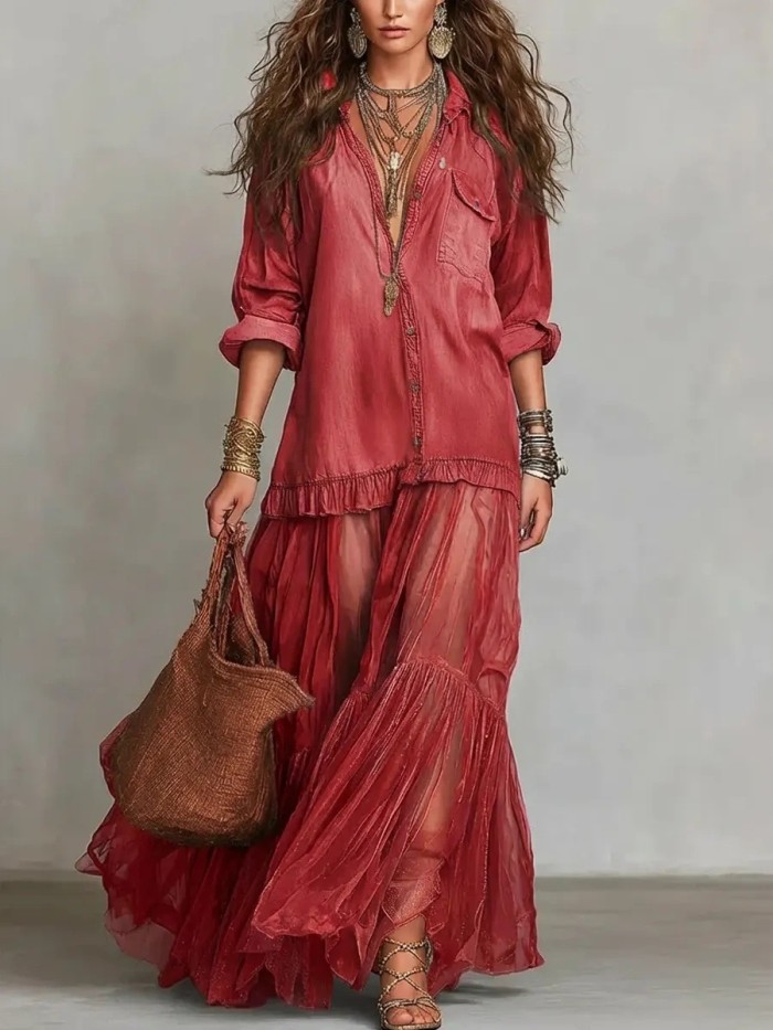 Mesh Splice Belted Denim Maxi Dress for Daily Wear and Brunch
