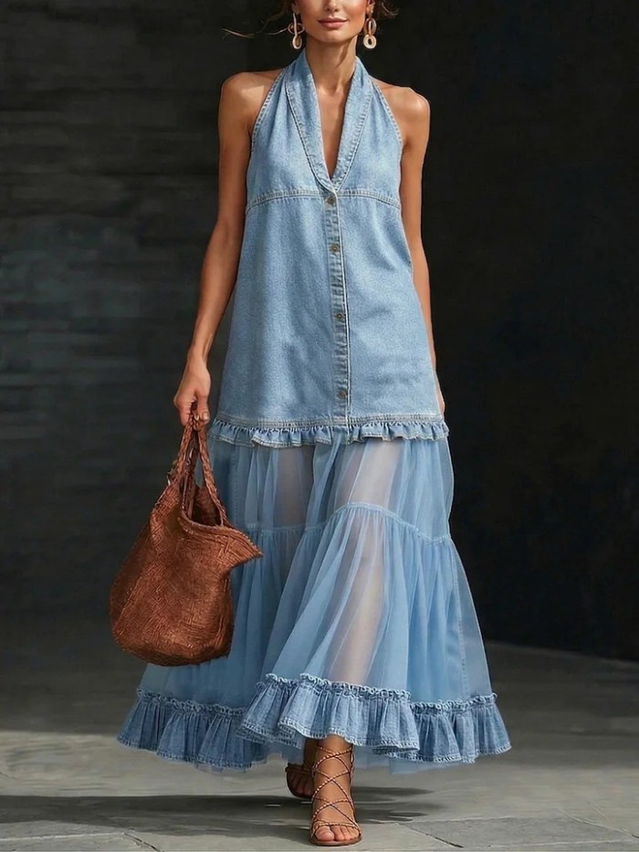 Halter Deep V Mesh Splice Denim Maxi Dress for Beach and Daily Streetwear