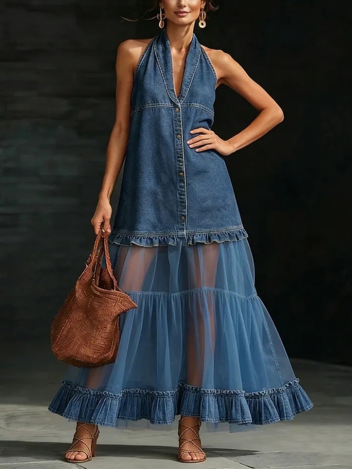 Halter Deep V Mesh Splice Denim Maxi Dress for Beach and Daily Streetwear