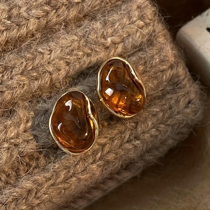 3 Pairs Vintage Brown Resin Inlaid Earrings Set for Daily Wear and Evening Parties