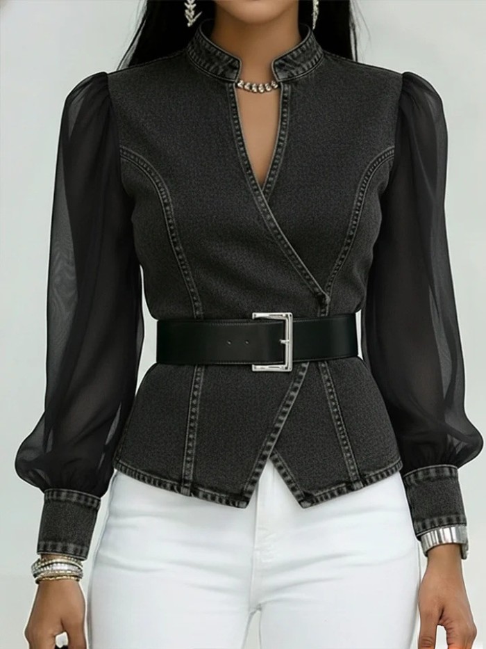 Vintage V Neck Faux Denim Blouse for Office Daily and Streetwear Look