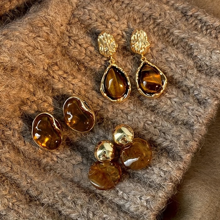 3 Pairs Vintage Brown Resin Inlaid Earrings Set for Daily Wear and Evening Parties