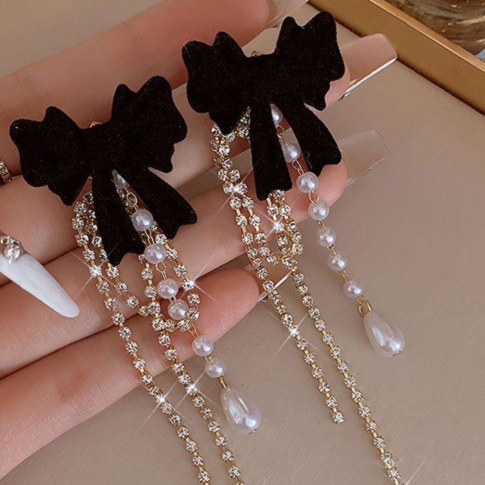 Elegant Bow Tassel Zircon Drop Earrings For Daily All Season Wear