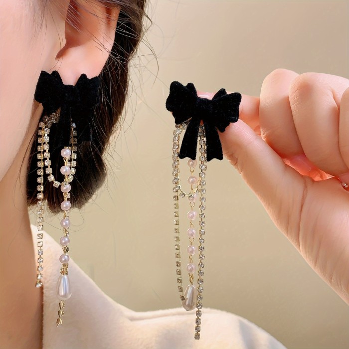 Elegant Bow Tassel Zircon Drop Earrings For Daily All Season Wear