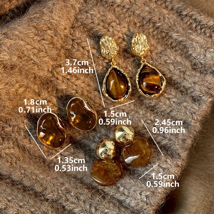 3 Pairs Vintage Brown Resin Inlaid Earrings Set for Daily Wear and Evening Parties