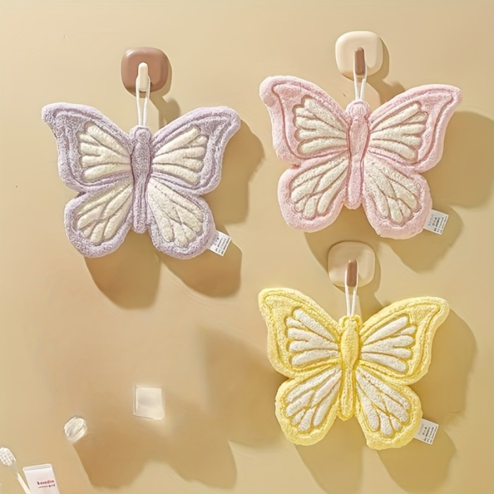 Butterfly Print Thick Coral Hand Towel Quick Dry With Hanging Loop For Daily Use