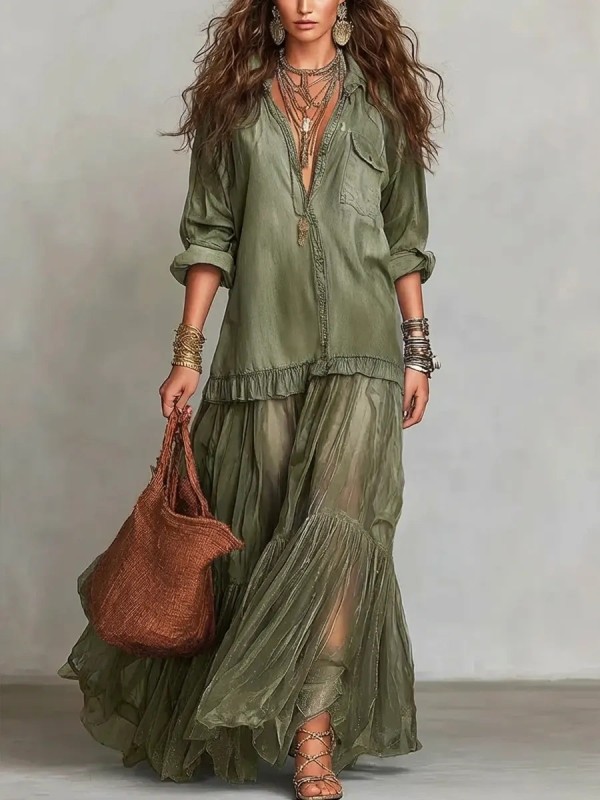 Mesh Splice Belted Denim Maxi Dress for Daily Wear and Brunch