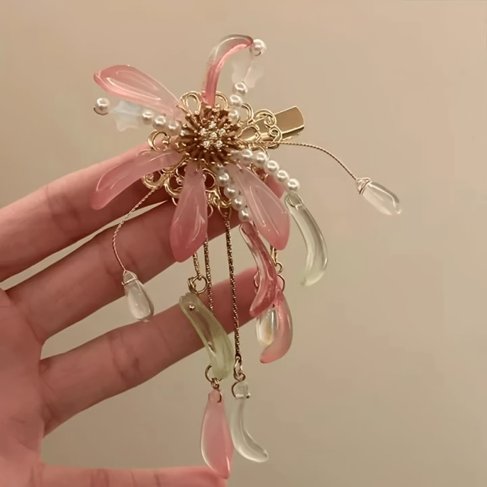 Pink Firework Tassel Flower Hair Clip for Vacation Photoshoots and Tea Parties