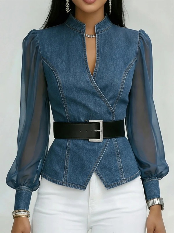 Vintage V Neck Faux Denim Blouse for Office Daily and Streetwear Look