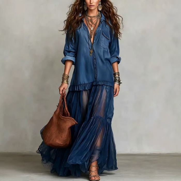 Mesh Splice Belted Denim Maxi Dress for Daily Wear and Brunch
