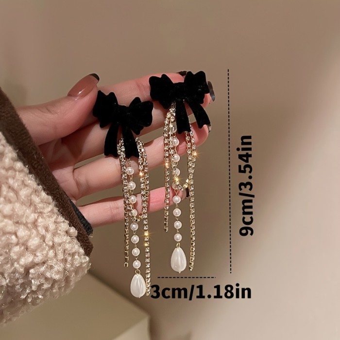 Elegant Bow Tassel Zircon Drop Earrings For Daily All Season Wear