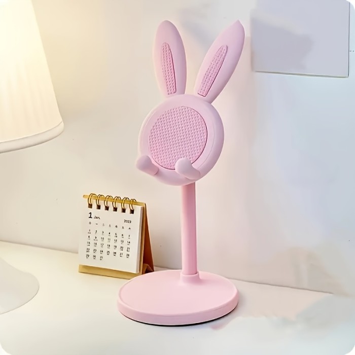 Cute Pink Floral Easter Bunny Phone Stand With Bow for Home Office Desktop Decor